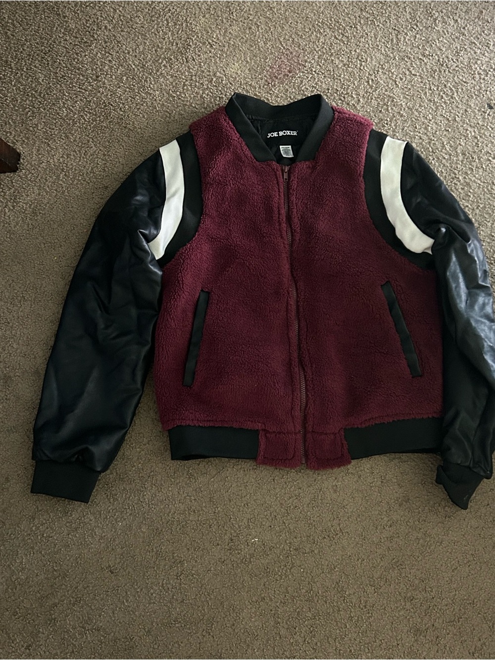 Joe Boxer Burgundy Sherpa Bomber Jacket with Black Sleeves and White Accents